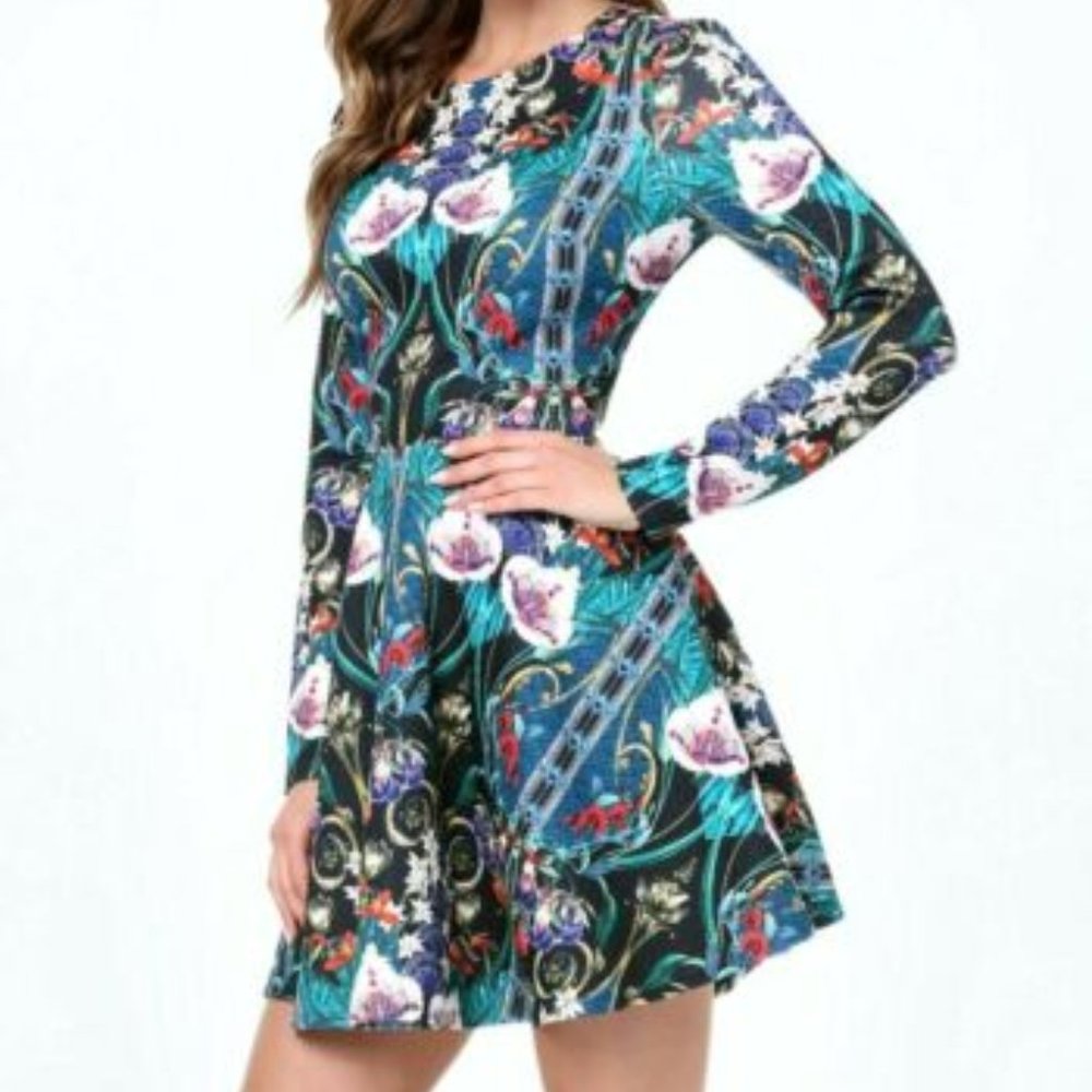 NWT bebe long sleeve multi color jacquard fit flare top dress M Medium 6 8 party
